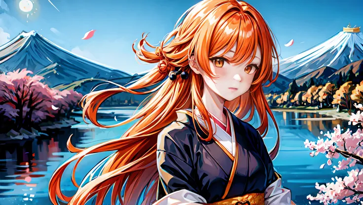 1 girl,orange hair,long hair (sketch:1.2),High definition, (midnight:1.4),(Japanese style:1.4)Mountain,river,cherry blossoms,princess