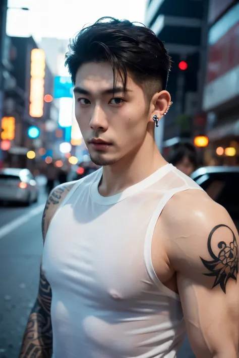 Japanese man, big muscles, pale skin, handsome, good facial details, pierced ears, tattoos, on the street at night, nude, see-through black shirt, tight-fitting, sleeveless, extremely sexy, shirt soaked, sweating profusely. , lights from various stores, ph...