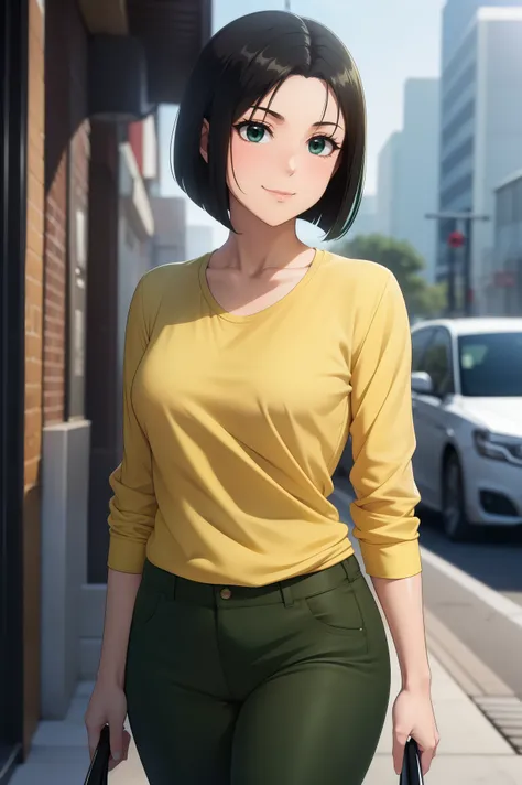 (best quality, absurd res:1.3),(illustration:1.1),(bokeh photography:1.1) ((anime style)),perfect lighting,1 mature female, mature looking, beautiful face,(light smile:1.1),(shiny skin:1.3),(bashful:1.1), (dark yellow T-shirt, dark green jacket, black eyes...