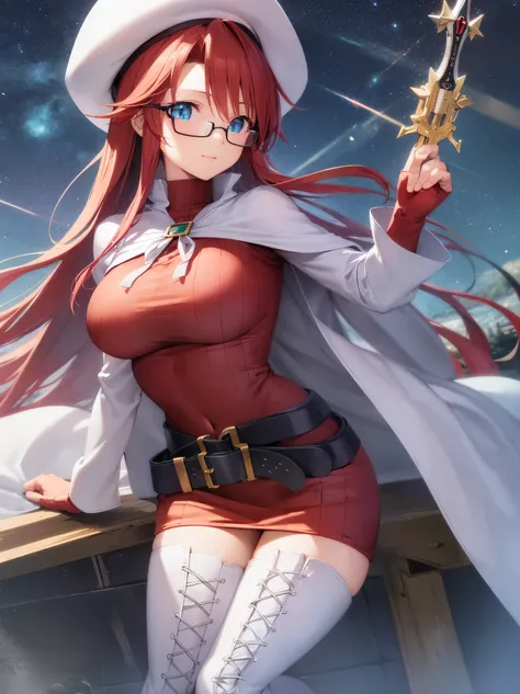 summonnightaty, aty, long hair, blue eyes, red hair, beret, hat, glasses,
BREAK long hair, thighhighs, hat, dress, boots, glasses, belt, cape, sweater, zettai ryouiki, beret, thigh boots, white footwear, ribbed sweater, loose belt,solo,
BREAK outdoors, fan...