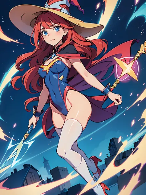 a cartoon of a woman dressed in a superhero costume holding a wand, witch academia, superhero sorceress witch, glamorous angewoman digimon, sky witch, by Aguri Uchida, maya ali as a lightning mage, leotard, blue leotard with white accents, bare legs, blue ...