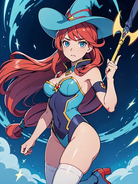 a cartoon of a woman dressed in a superhero costume holding a wand, witch academia, superhero sorceress witch, glamorous angewoman digimon, sky witch, by Aguri Uchida, maya ali as a lightning mage, leotard, blue leotard with white accents, bare legs, blue ...