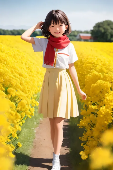 A sunny afternoon unfolded in a picturesque field adorned with rapeseed flowers in full bloom. Amidst the golden hues, a primary school student clad in a red scarf ambled along the winding path, their youthful energy radiating in the serene environment. (m...