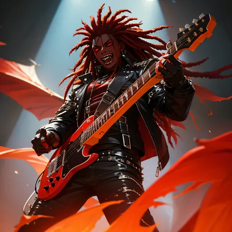 black man with red dreads, punk, horror, heavy and dark makeup, on a stage, holding a futuristic guitar, vampire teeth, horror movie aesthetic, with black leather clothes and spikes