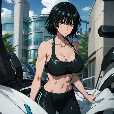 1 girl, Fubuki, the stunning anime beauty, is currently in the gym, clad in a form-fitting sports bra and tight gym pants that perfectly showcase her figure. After an intense workout session, she takes a well-deserved break, grabbing a towel to wipe off he...