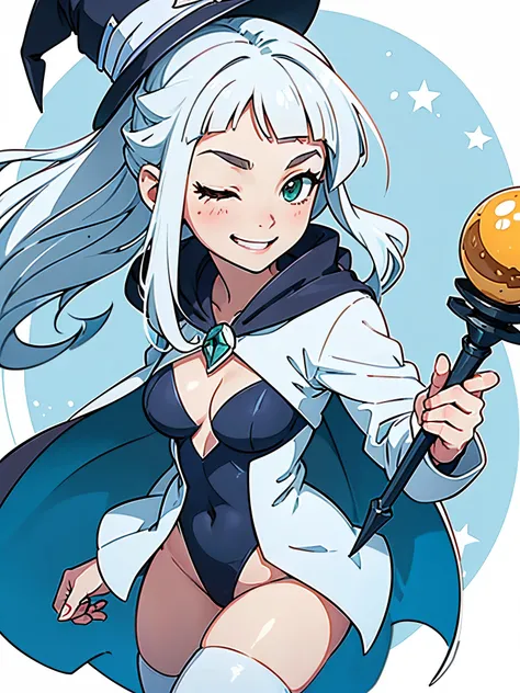 a cartoon of a woman dressed in a superhero costume holding a wand, witch academia, superhero sorceress witch, glamorous angewoman digimon, sky witch, by Aguri Uchida, maya ali as an ice mage, white tuxedo, leotard, solid white leotard with florescent blue...