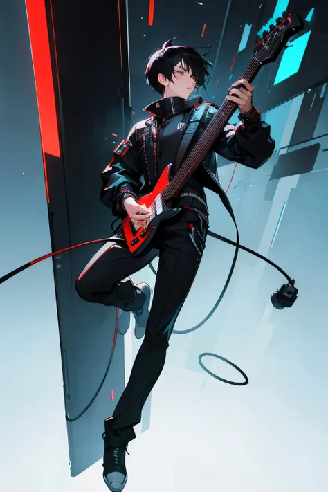 1boy, ((human)), cyberpunk, black hair, electric guitar, (detailed face), full body