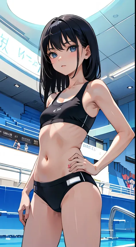 (short cute girl，small young student，young delicate girl）,（masterpiece，Top quality)，long black hair，Light blue sports bra，amusement park，pool