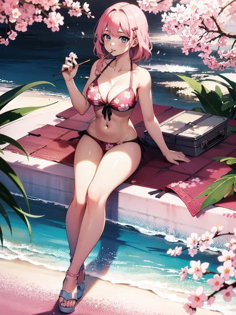 (1 woman) Beautiful young 25-year-old woman, Light neon pink hair, blue eyes, perfect breasts, pink and white, sakura leafs, vivid colors, cherry blossom print bikini, paint splash, simple beach background, ray tracing, wavy hair, eating pocky, full body 