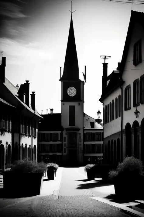 In the heart of a quaint European town lies a square, a vintage gem where the past intertwines with the present. The scene is straight out of German expressionism, with its monochrome color palette of stark black and white, contributing to the high contras...