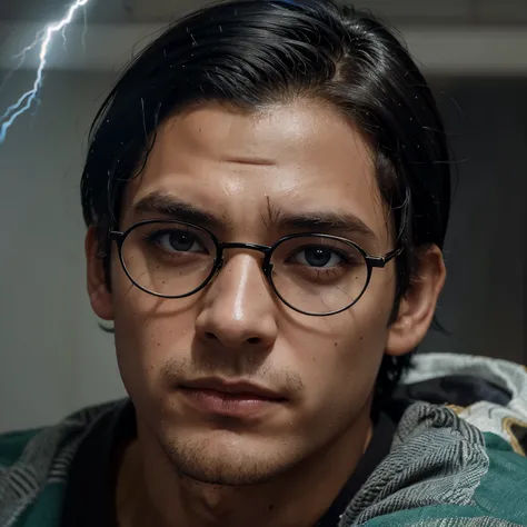 Create a boy character with messy black hair,olhos verdes,pele branca,camisa larga azul marinho, round glasses and a lightning-shaped scar on his forehead