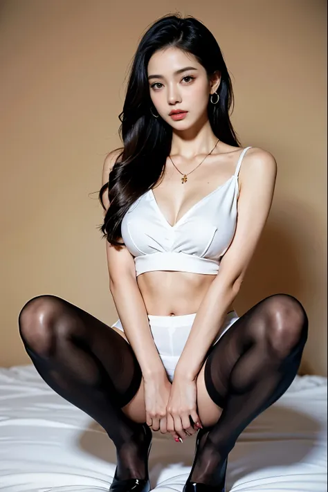 (masterpiece:1.3), (8 thousand, realistic, RAW photos, best quality: 1.4), (1 woman),(sheer silk blouse), (short skirt), (짙은색 realistic 팬티 스타킹),   (wearing stockings), (wearing stockings), (High Heels),  (High Heels),  (Leaning on the bed), ( Raise your kn...