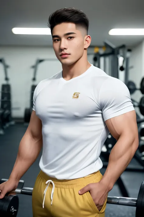 masterpiece, best quality, high resolution, realistic, handsome, photogenic, syahnk, SFW,  a photo of a 25 year old gym frat (man:1.2) portrait, standing in a gym , doing military press, weights, stunning , short buzzcut hair,stubble head , (hypermuscle),l...