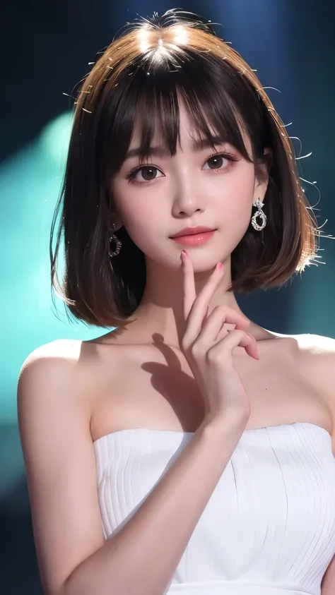 highest quality,photo quality,8K,ultra high resolution,professional lighting,18-year-old,(cute),,thin face,detailed face,（short bangs),big breasts,（white dress:1.1),look at the audience,perfect hands,