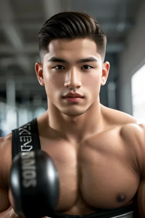 masterpiece, best quality, high resolution, realistic, handsome, photogenic, syahnk, SFW,  a photo of a 25 year old gym frat (man:1.2) portrait, standing in a gym , doing military press, weights, stunning , short buzzcut hair,stubble head , (hypermuscle),l...