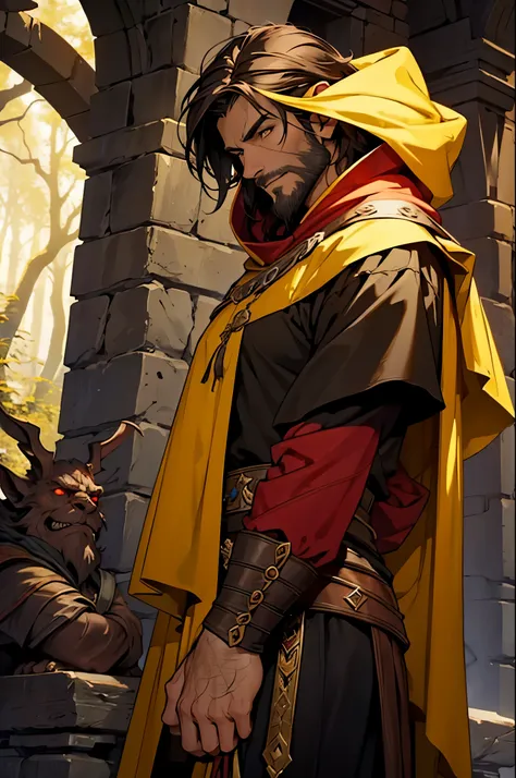 a mystical dark red evil forest of medieval fantasy there is a man about 30 years old. he is a bard of a medieval fantasy enviroment, he wears a yellow tunic and a yellow hood he have dark hair ,no beard,scar in his face. he has the lute in his back. 
