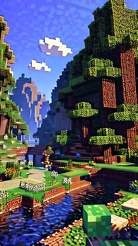 criar uma arte com os personagens do minecraft, deve ser bem colorida, entusiasmada, passe felicidade, paisagem bonita,