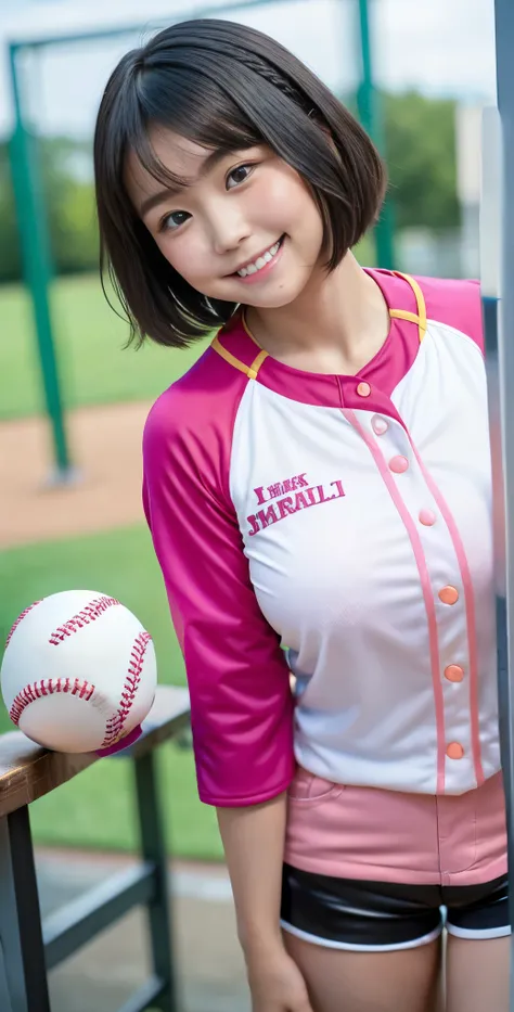 （8K、Raw photography、highest quality、masterpiece：1.2),(black haired、very short hair:1.8),(twin mitsu braid:1.4)、show viewer,Looking at the front,erotic,白いskin,(Pink baseball uniform:1.6)、()、(Clothing that emphasizes the shape of your chest、publish one&#39;s...