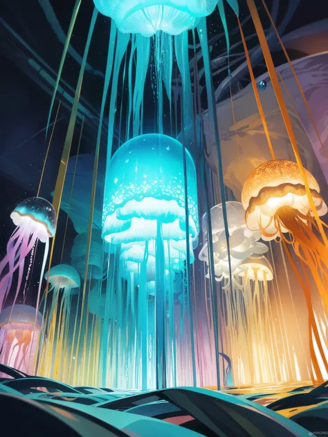 a bunch of jellyfish lost inside an unknown ecosystem all in different colors, glowing, glimmers, sparkels,