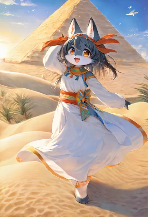 top quality, best quality, High-quality illustrations, masterpiece, super high resolution, detailed background, detailed background, desert, sand dunes, pyramid, Traditional costumes, 1girl, Natural subject pose,  Happy, joyful, absurdres(highly detailed b...