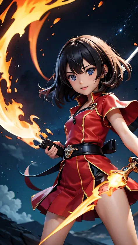 Image: An anime character wielding a sword, flames blazing around them, as they stand on top of a cliff overlooking a vast starry sky, with their determination engraved on their faces.