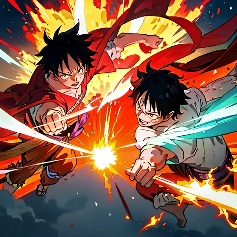 Luffy and Sasuke engaged in an epic battle, their powers clashing in a display of sheer intensity. (zoomed out:1.1), (explosions:1.2), (flames:1.1), One Piece, Naruto, dynamic angle, intense rivalry, from the side, powerful aura, Straw Hat Pirate, Uchiha C...