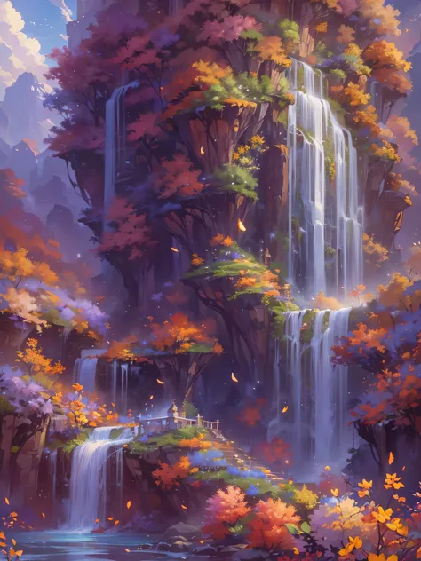 ((highest quality)),(ultra high resolution),(Super detailed),(detailed description),((best CG)),(best work of art),super precision art,amazing drawing art,(Fantasy art with intricate detail:1.5), A waterfall of vibrant flowers pouring down from the sky