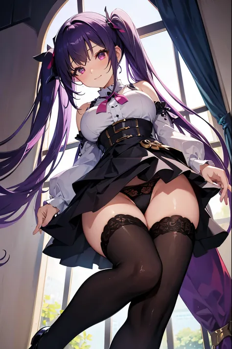 In 8K、highest quality、room with window、with a girl、Dark purple hair、twin tails、big pink ribbon、delicate face、smile、red eyes、blushing face、Pink blouse with plenty of frills、black mini skirt with lace、beautiful feet、striped lace tights、black platform pumps、s...