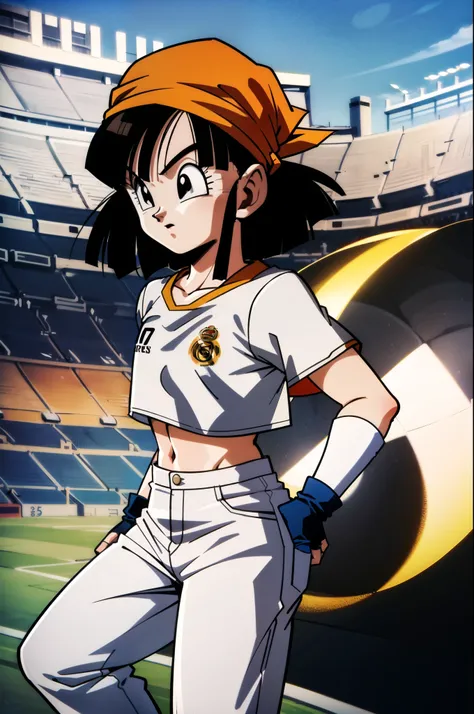 Pan, from Dragon Ball GT, is a young woman with short, dark hair, wearing a white shirt of the soccer team real madrid , on football stadium, female, crop top,, fingerless gloves, pants, orange bandana, short hair, black hair, black eyes, 1girl, pandball...