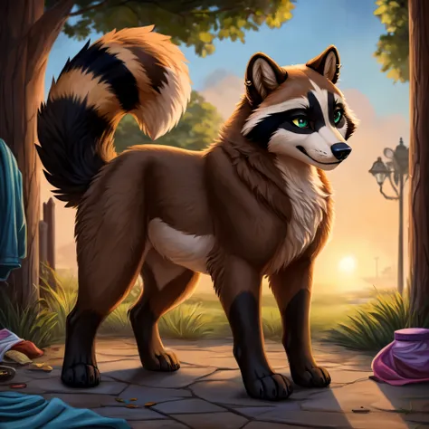 imagine a character design that vividly brings to life a 22-year-old female feral raccoon with a unique and detailed emo gothic ...