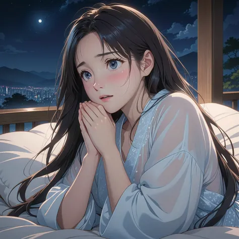 masterpiece, High resolution, illustration, kyoto animation style, Your name is cinematic style, night, midnight, Light, (1 female: 1.3), (alone: 1.4), long eyelashes, long hair, nose blushing, futon, embarrassed, transparent nightdress, face close-up, Hid...