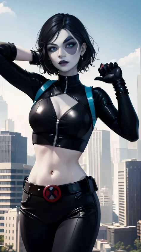 (Highly quality, masterpiece, detailed), city detailed scenario, city detailed background, solo, 1 woman, marveldomino, colored skin, makeup, leather cropped top, sleeves, gloves, belt, bellybutton piercing, beautiful eyes, look at the viewer, Sexy pose 