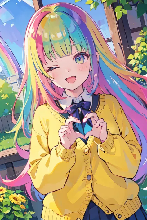 (8K, best quality, master piece: 1.2), super high resolution,1 16-year-old woman,cute,ultra-detailed face,detailed eyes, (((rainbow hair)))、(heart hands),happy,one eye closed,open mouth,long hair,blunt bangs,BREAK,pleated skirt,yellow cardigan,dutch angle,...