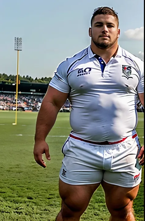 realistic, 24yo chubby beefy rugby player, muscle, standing in a rugby field , full body, early morning, light from the front , handsome, cute, sharp focus, white shirt, white very short rugby shorts , tiny shorts , pointed bulge in the crotch, huge testic...