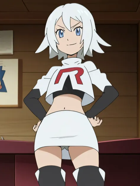 raine sage,very large breat,white hair,8k, masterpiece,highres, team rocket uniform, red letter r, white skirt,white crop top,black thigh-high boots, black elbow gloves, evil smile, looking down at viewer, hands on hips, cowboy shot, from below, black pant...