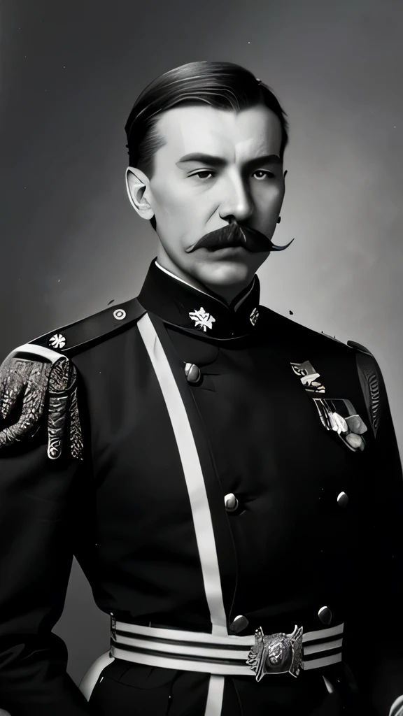 a black and white photo of a man in uniform with a mustache, stanisław, vladimir motsar, young tsar, vittorio matteo corcos, leader of fascist hungary, darius zawadzki, czeslaw znamierowski, austro - hungarian, Stanisław Szukalski