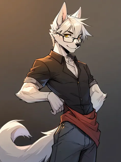 Male, arctic wolf, detailed yellow eyes, long tail, bartender, loose baggy jeans, slim, sly, simple background, glasses