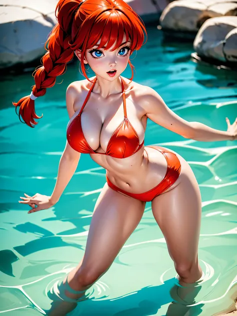 Redhead anime girl with braid, vestindo bikini florido de praia, 15 anos, holding breasts, corpo bonito, seios grandes molhados, pingando, red hair with braid , Garota sensual, redhead braid, mechas de cabelo laterais, mechas de cabelo na lateral do rosto,...