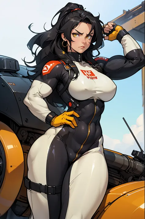 (((muscular 1 girl))) (thick thighs perky breasts wide hips curvy toned body pilot suit bodysuit) angry yellow eyes black hair long hair pale skin