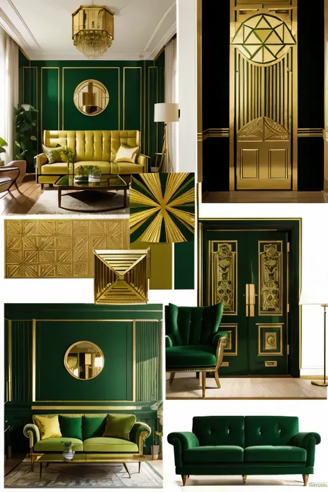 green and gold interior design mood board, maximalist art deco style