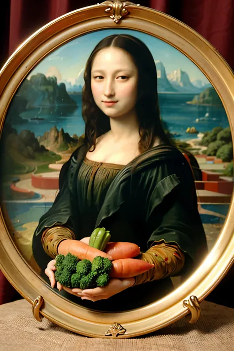 Masterpiece, exquisitely detailed, Mona Lisa replica, made of chopped green pepper, red pepper, and carrot --s2,
Ultra-detailed vegetables arrangement, vibrant colors, top-quality ingredients, intricately crafted,
Realistic textures, each vegetable slice p...