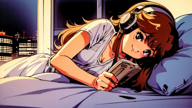 girl, headphones, inside the house, on the bed, listening to music, night view from the window, smiling, long hair, 80s, city po...