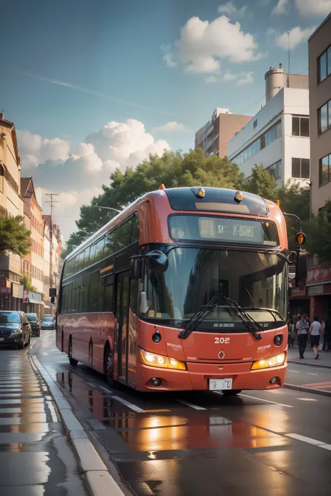 A cat-shaped bus, in 3D, contemporary and sleek with feline curves, its headlights acting as the cats eyes, the windshield a reflective feline gaze. The buss body gleams under the sun, and as it travels down the road, it resembles a giant and playful felin...