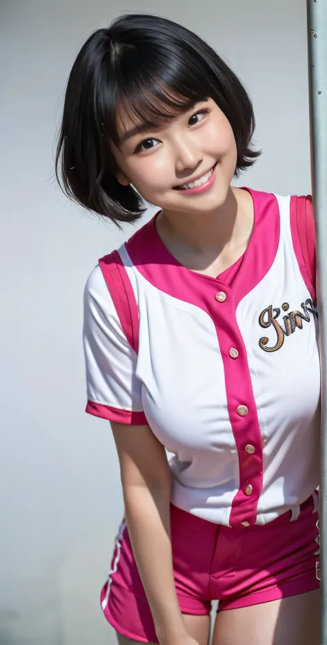 （8K、Raw photography、highest quality、masterpiece：1.2),(black haired、very short hair:1.8),(twin mitsu braid:1.4)、show viewer,Looking at the front,erotic,白いskin,(Pink baseball uniform:1.6)、()、(Clothing that emphasizes the shape of your chest、publish one&#39;s...