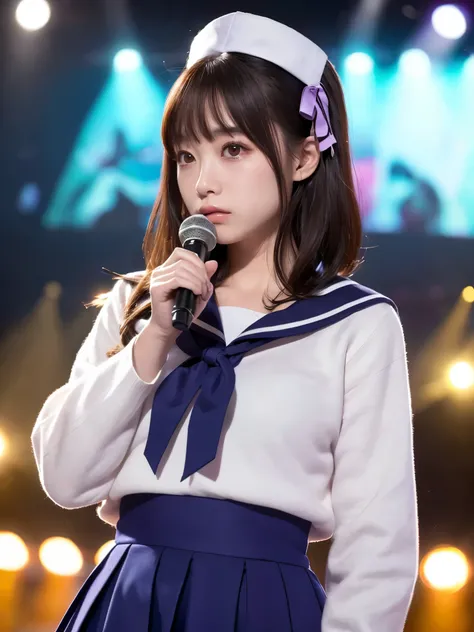 White base with purple-red sailor suit、tulle skirt、23 years old, Performing on an empty stage, concert photos, cute core、(bob hair)、(((watching the audience)))、ribbon on head、（自然でdetailed face立ち、beautiful and detailed eyes、beautiful and dense lips、very det...