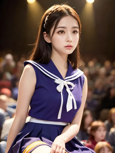 White base with purple-red sailor suit、tulle skirt、23 years old, Performing on an empty stage, concert photos, cute core、(bob hair)、(((watching the audience)))、ribbon on head、（自然でdetailed face立ち、beautiful and detailed eyes、beautiful and dense lips、very det...