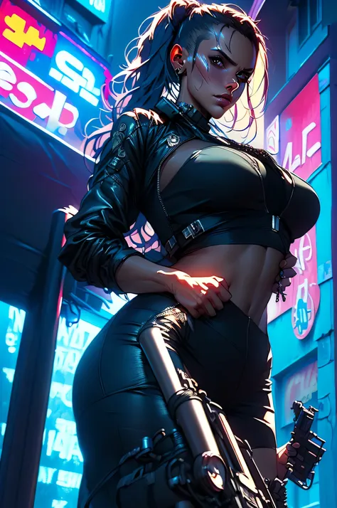 ((best quality)), ((masterpiece)), (very detailed body and face:1.3), 3D, Beautiful (cyberpunk:1.3) Beautiful woman with wavy hair and voluminous modern style VERY DETAILED AND BRIGHT,((with weapons in his hands) ), (((futuristic Mad Max movie style backgr...