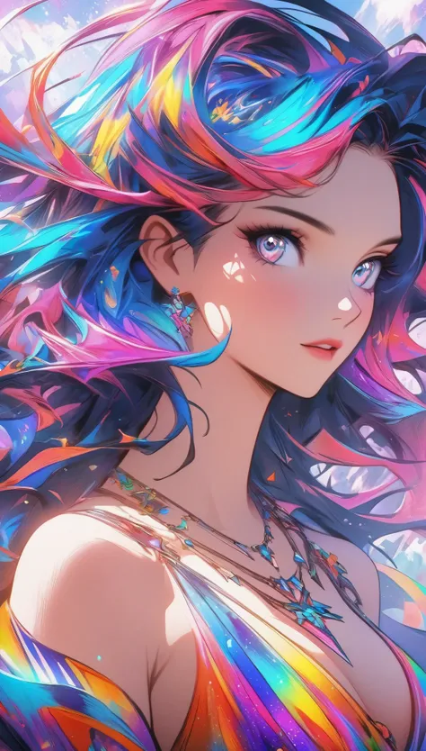 close-up of a woman with colorful hair and necklace, anime girl with space hair, ross brings out a soft vibrancy, gouviz style a...