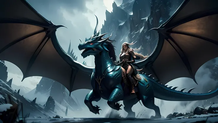 A cinematic wide view of a shiny beautiful voluptuous woman riding an elder dragon above a high epic mountain where there is an epic war between elves and battlemages. The weather is stormy and the environnement grey. 4K photorealistic illustration.