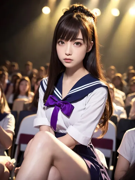 White base with purple-red sailor suit、tulle skirt、23 years old, Performing on an empty stage, concert photos, cute core、(bob hair)、(((watching the audience)))、ribbon on head、（自然でdetailed face立ち、beautiful and detailed eyes、beautiful and dense lips、very det...